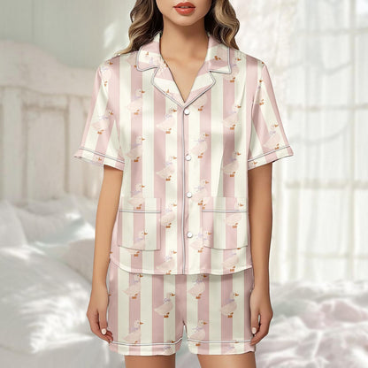 Cute Duck Satin Pajama Short Set, Pink Stripe Pjs For Women, Kawaii Loungewear, Summer Sleepwear, Pastel Aesthetic Pjs, Gift For Her