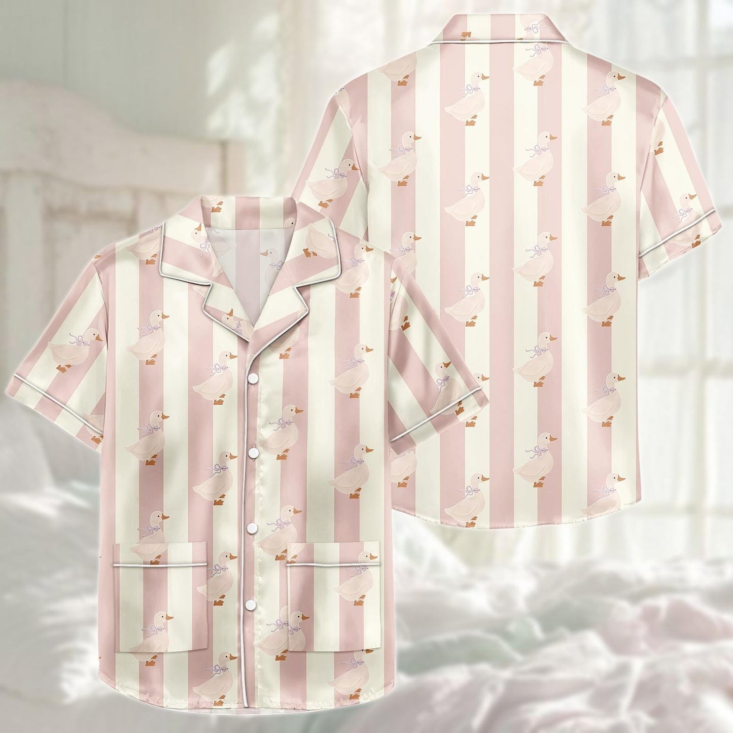 Cute Duck Satin Pajama Short Set, Pink Stripe Pjs For Women, Kawaii Loungewear, Summer Sleepwear, Pastel Aesthetic Pjs, Gift For Her