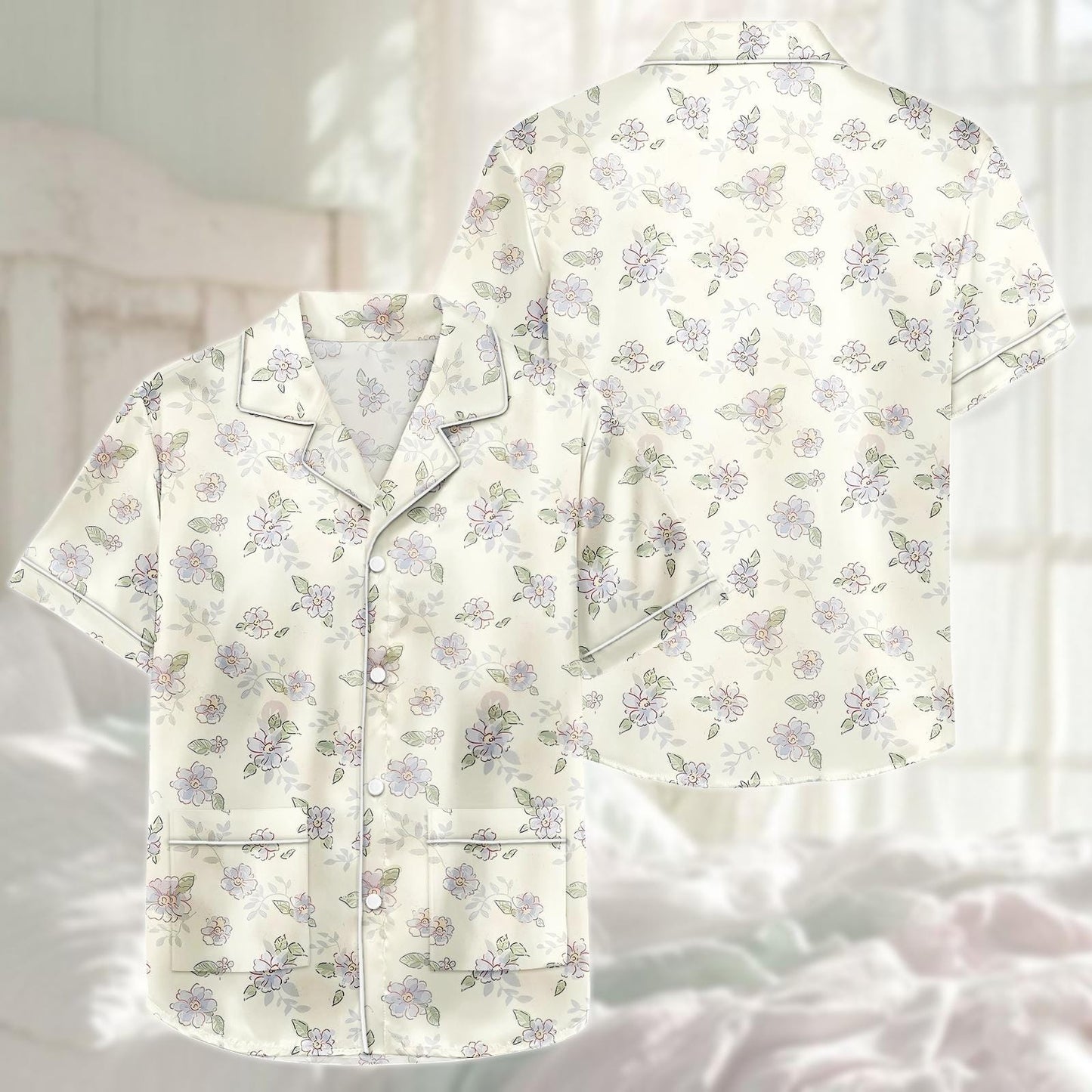 Pastel Floral Satin Pajama Set, Soft Short Sleeve Pjs For Women, Elegant Flower Sleepwear, Summer Loungewear, Birthday Gift For Her