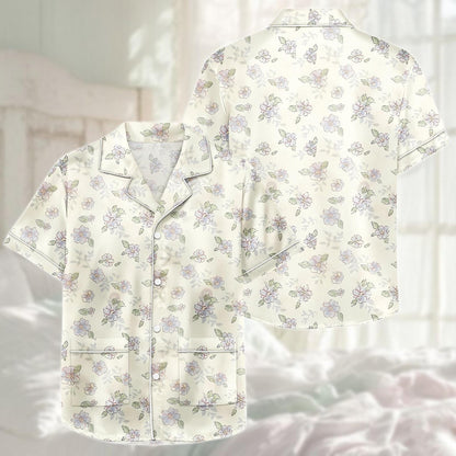 Pastel Floral Satin Pajama Set, Soft Short Sleeve Pjs For Women, Elegant Flower Sleepwear, Summer Loungewear, Birthday Gift For Her