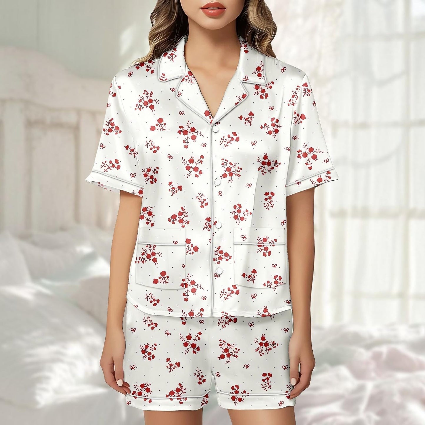 Red Floral Satin Pajama Short Set, Summer Sleeve Pjs For Women, White Elegant Sleepwear, Cute Satin Loungewear Pjs, Gift For Her