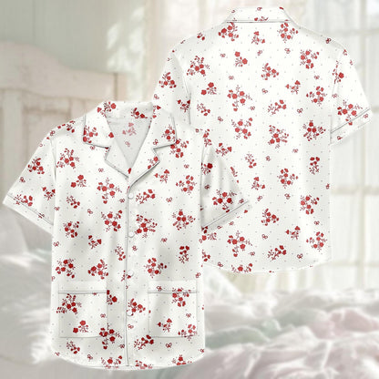 Red Floral Satin Pajama Short Set, Summer Sleeve Pjs For Women, White Elegant Sleepwear, Cute Satin Loungewear Pjs, Gift For Her