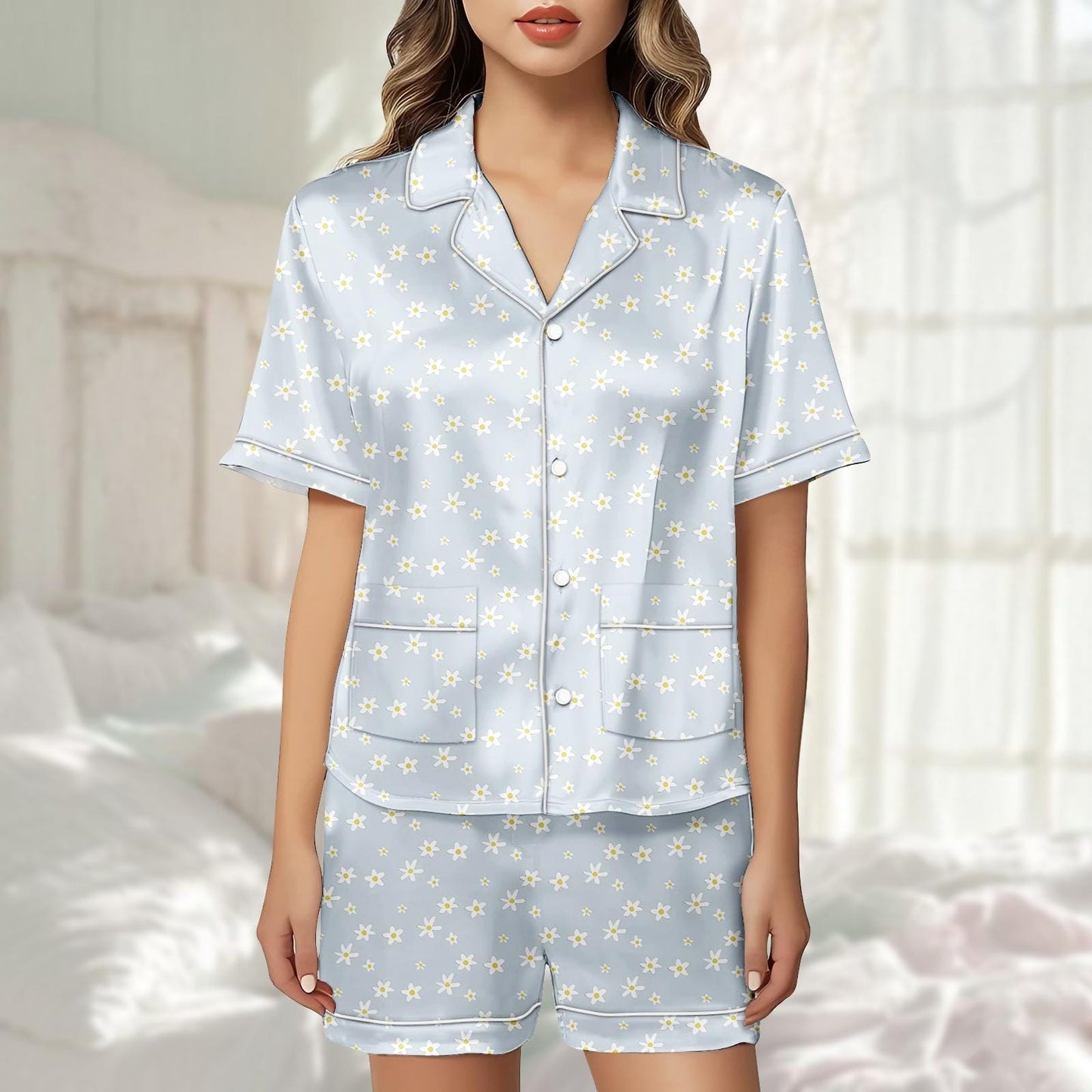 Daisy Floral Satin Pajama Short Set, Blue Sleeve Sleepwear For Women, Summer Satin Lounge Set, Bridesmaid Pjs, Cute Gift For Her