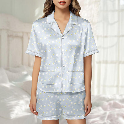 Daisy Floral Satin Pajama Short Set, Blue Sleeve Sleepwear For Women, Summer Satin Lounge Set, Bridesmaid Pjs, Cute Gift For Her