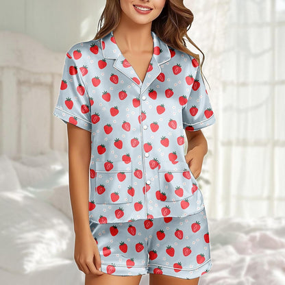 Strawberry Satin Pajama Short Set, Cute Fruit Pjs Women, Blue Satin Sleepwear Set, Summer Lounge Set, Girly Nightwear, Gift For Her