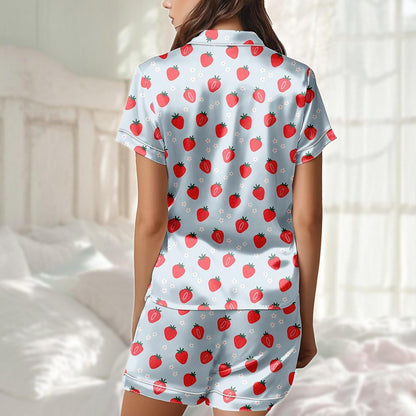 Strawberry Satin Pajama Short Set, Cute Fruit Pjs Women, Blue Satin Sleepwear Set, Summer Lounge Set, Girly Nightwear, Gift For Her