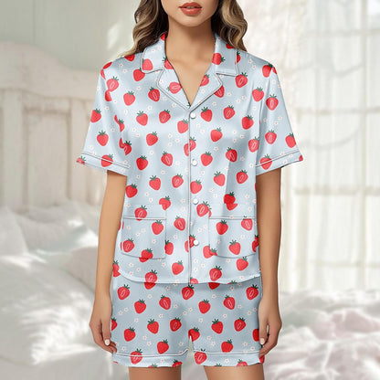 Strawberry Satin Pajama Short Set, Cute Fruit Pjs Women, Blue Satin Sleepwear Set, Summer Lounge Set, Girly Nightwear, Gift For Her