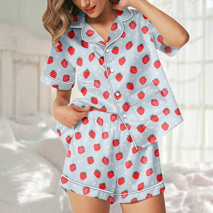 Strawberry Satin Pajama Short Set, Cute Fruit Pjs Women, Blue Satin Sleepwear Set, Summer Lounge Set, Girly Nightwear, Gift For Her