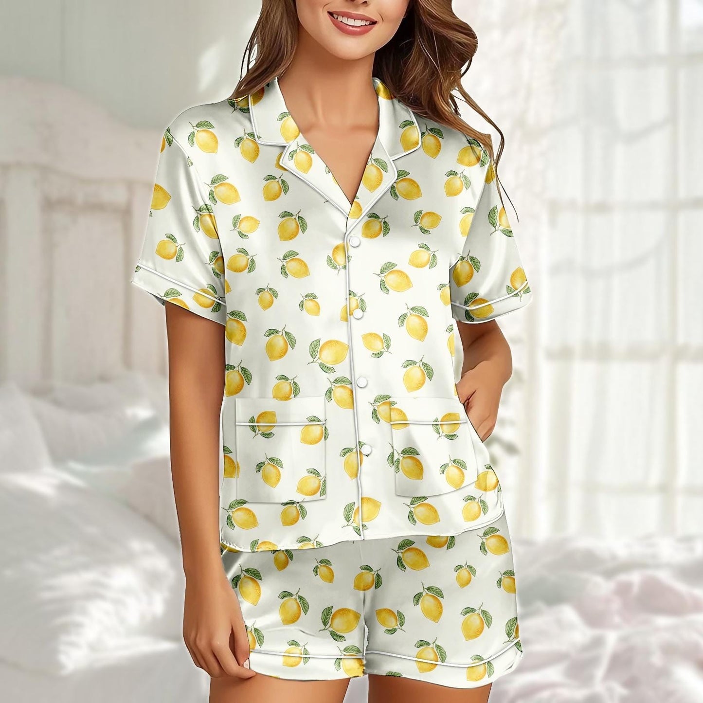 Lemon Satin Pajama Short Set, Fruit Print Sleepwear, Cute Yellow Pjs For Women, Matching Pjs, Summer Lounge Set, Citrus Gift For Her