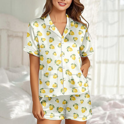 Lemon Satin Pajama Short Set, Fruit Print Sleepwear, Cute Yellow Pjs For Women, Matching Pjs, Summer Lounge Set, Citrus Gift For Her