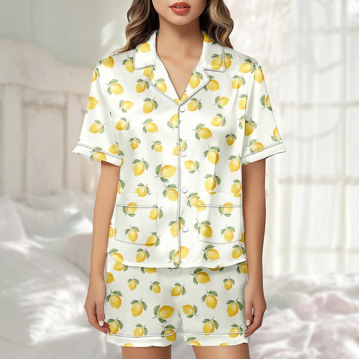 Lemon Satin Pajama Short Set, Fruit Print Sleepwear, Cute Yellow Pjs For Women, Matching Pjs, Summer Lounge Set, Citrus Gift For Her