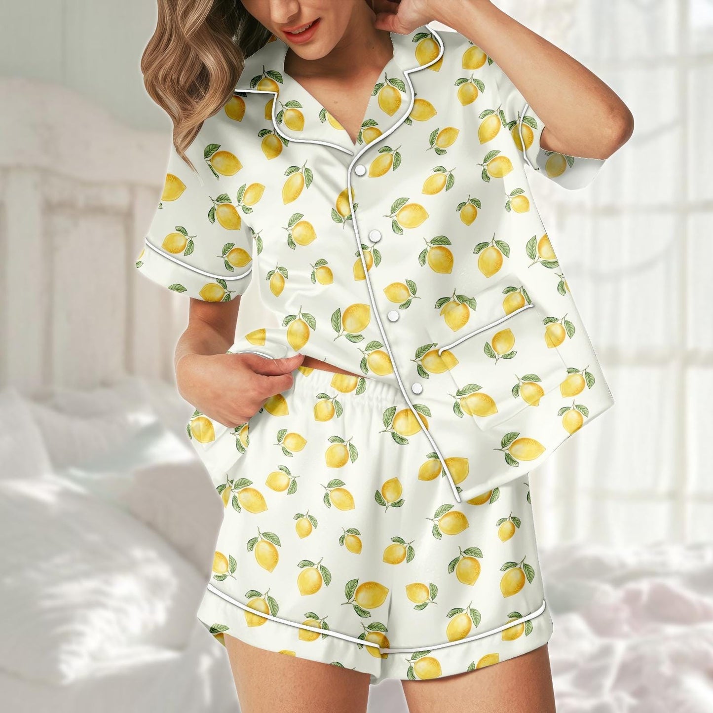 Lemon Satin Pajama Short Set, Fruit Print Sleepwear, Cute Yellow Pjs For Women, Matching Pjs, Summer Lounge Set, Citrus Gift For Her