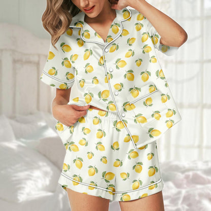 Lemon Satin Pajama Short Set, Fruit Print Sleepwear, Cute Yellow Pjs For Women, Matching Pjs, Summer Lounge Set, Citrus Gift For Her