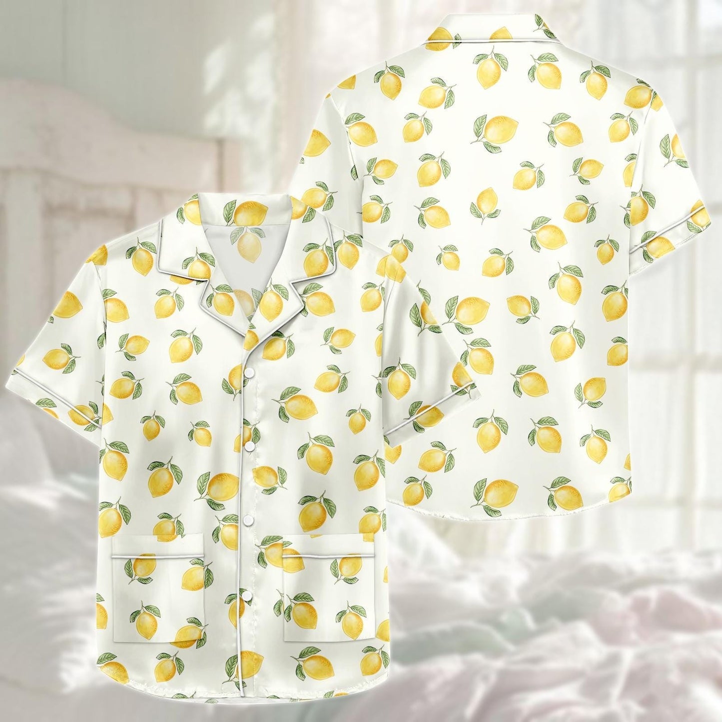 Lemon Satin Pajama Short Set, Fruit Print Sleepwear, Cute Yellow Pjs For Women, Matching Pjs, Summer Lounge Set, Citrus Gift For Her