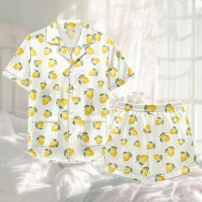 Lemon Satin Pajama Short Set, Fruit Print Sleepwear, Cute Yellow Pjs For Women, Matching Pjs, Summer Lounge Set, Citrus Gift For Her