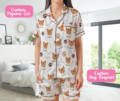 Funny Pet Face Pajamas Set, Personalized Photo Sleepwear Dog Mom, Cat Mom, Custom Pet Photo Name Short Sleeve Pajama Set, Cat Dog Lover Gift
