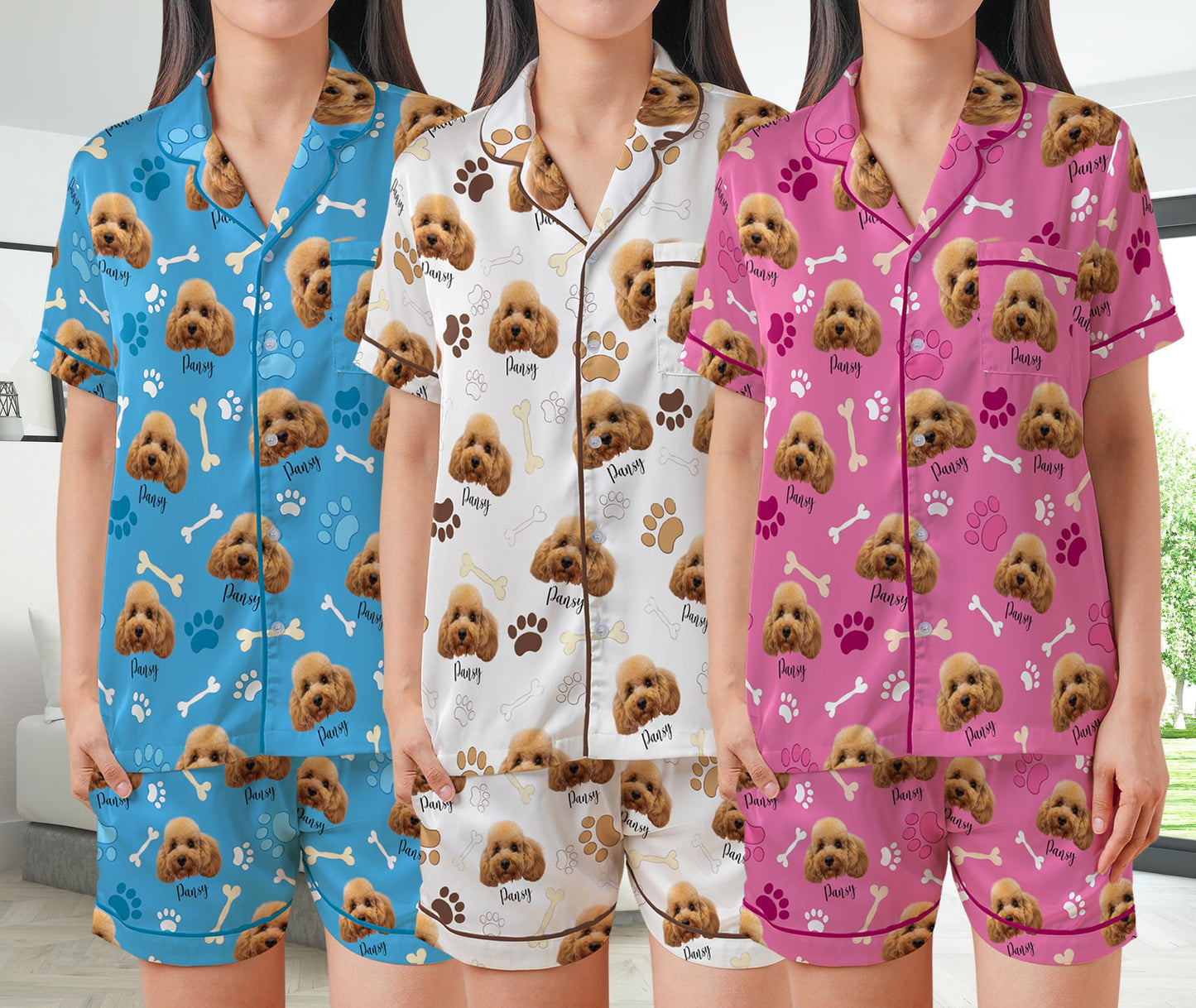 Funny Pet Face Pajamas Set, Personalized Photo Sleepwear Dog Mom, Cat Mom, Custom Pet Photo Name Short Sleeve Pajama Set, Cat Dog Lover Gift