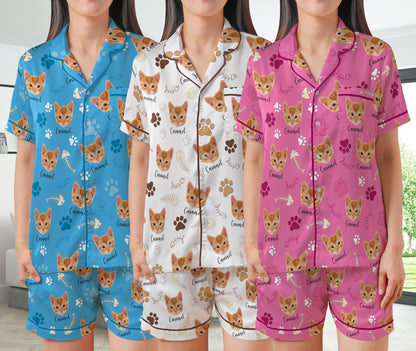 Funny Pet Face Pajamas Set, Personalized Photo Sleepwear Dog Mom, Cat Mom, Custom Pet Photo Name Short Sleeve Pajama Set, Cat Dog Lover Gift