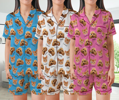 Funny Pet Face Pajamas Set, Personalized Photo Sleepwear Dog Mom, Cat Mom, Custom Pet Photo Name Short Sleeve Pajama Set, Cat Dog Lover Gift