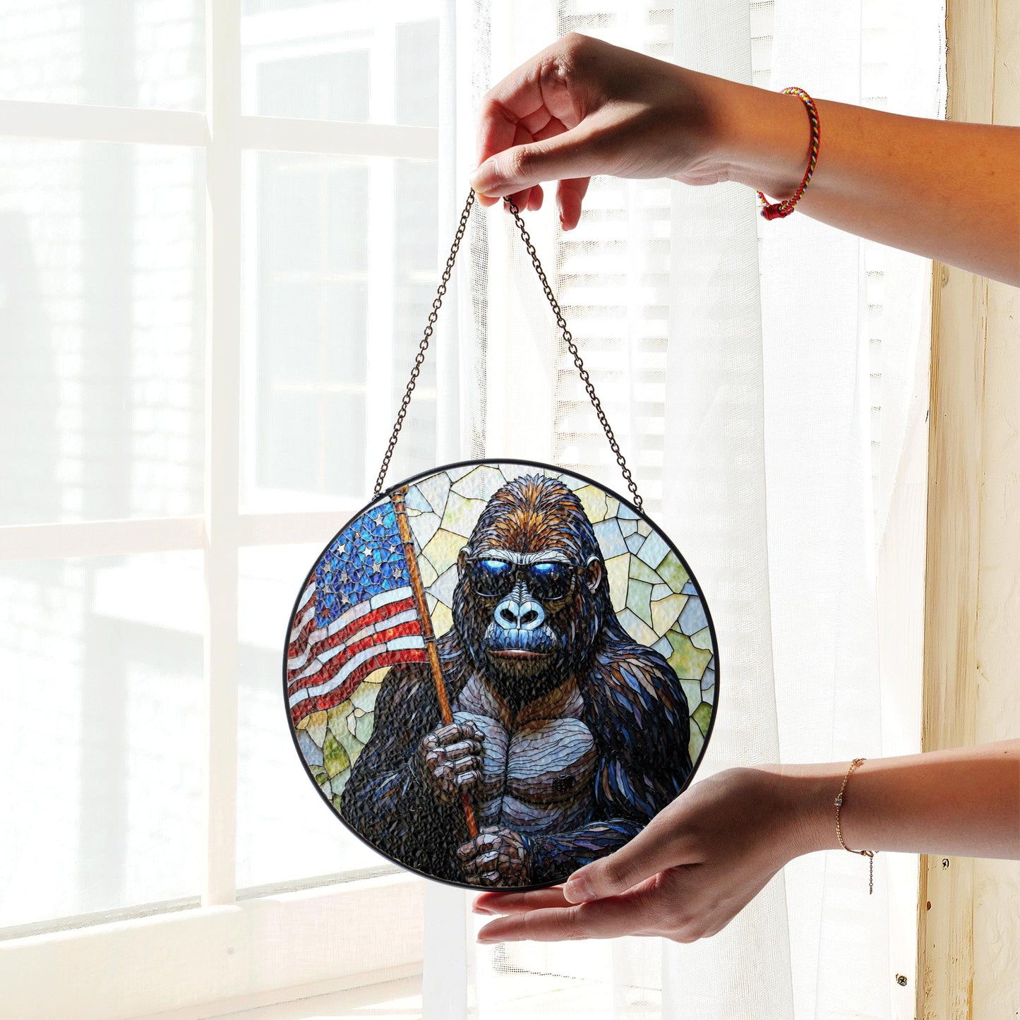 Gorilla Holding US Flag Stained Glass Round Window Suncatcher Patriotic Home Decor Gift for Him Independence Day Dad