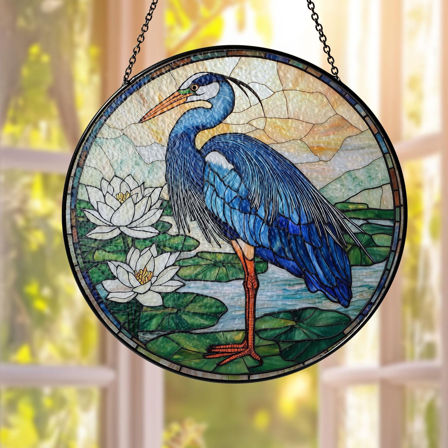 Blue Heron Stained Glass Suncatcher, Birds Lover Gift, Peaceful Art Window Hanging Decor, Bird Glass Suncatcher, Blue Heron Lovers Presents