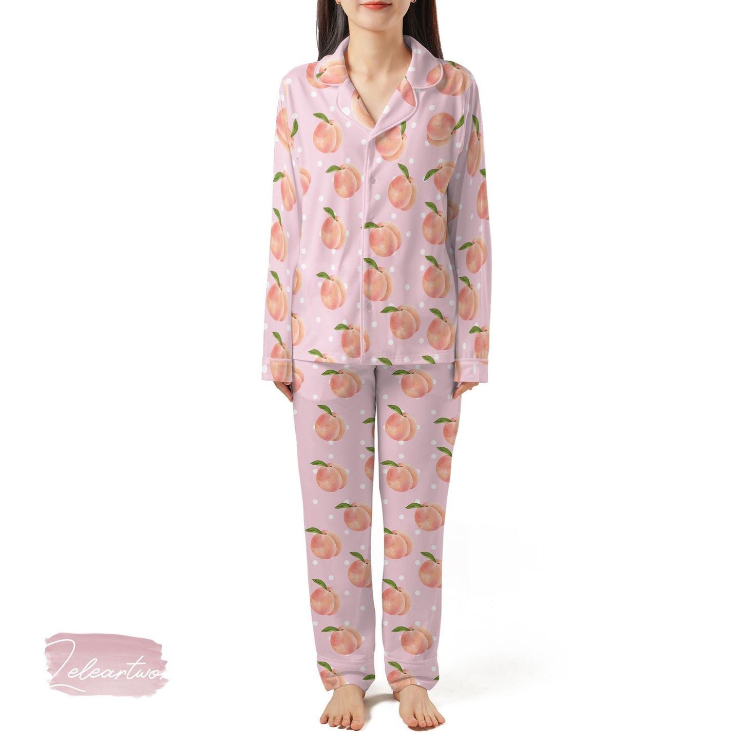 Peach Peel Set | Silky Satin Pajama Set for Women | Cute Fruit Print Lounge Set | Pink Peach Polka Dot Sleepwear | Summer Gift Idea