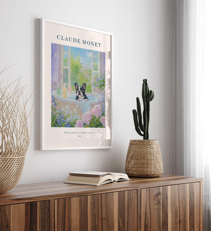 French Bulldog Wall art: Monet Style Floral Bathroom Print