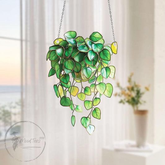 Trailing Vines Faux Stained Glass Window Hanging, Greenery Plant Decor, Philodendron Wall Art Gift for Plant Lovers or Indoor Garden