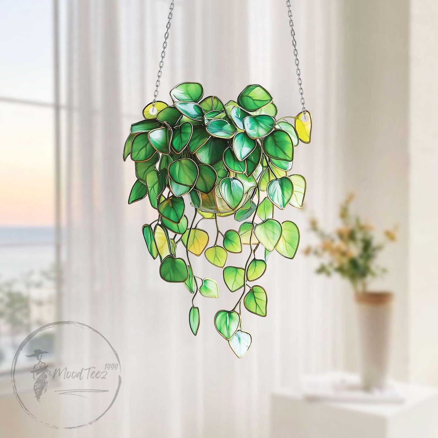 Trailing Vines Faux Stained Glass Window Hanging, Greenery Plant Decor, Philodendron Wall Art Gift for Plant Lovers or Indoor Garden