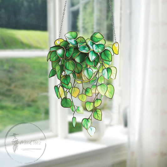 Trailing Vines Faux Stained Glass Window Hanging, Greenery Plant Decor, Philodendron Wall Art Gift for Plant Lovers or Indoor Garden