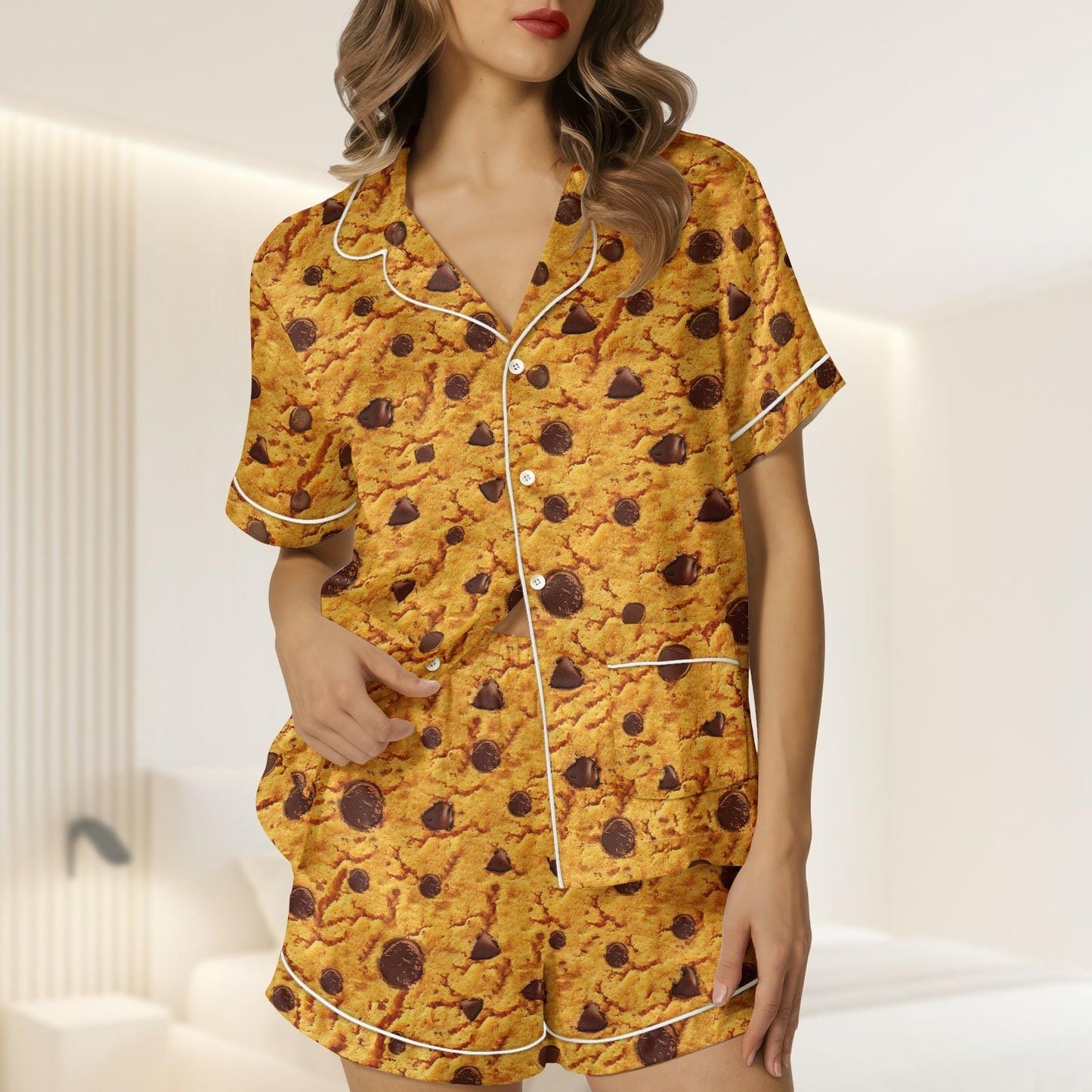 Chocolate Chip Cookie Satin Pajamas Short Set, Cookie Lover Women Pajamas, Cute Cookie Matching Pjs, Funny Foodie Pjs, Gift For Her