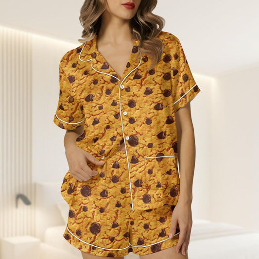 Chocolate Chip Cookie Satin Pajamas Short Set, Cookie Lover Women Pajamas, Cute Cookie Matching Pjs, Funny Foodie Pjs, Gift For Her
