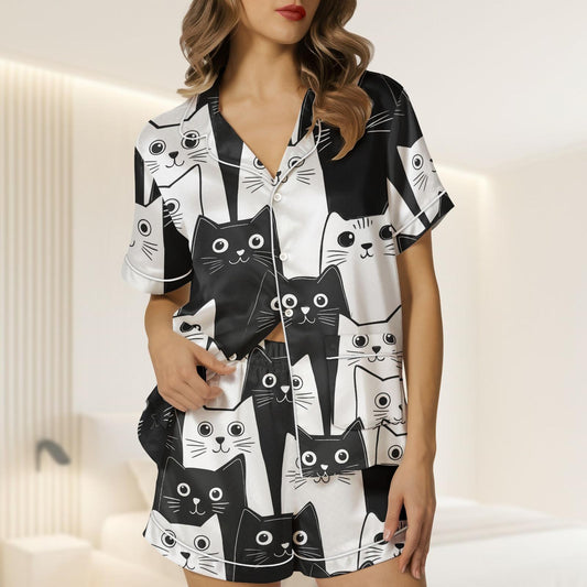 Black And White Cat Satin Pajamas Short Set, Cute Cat Sleepwear For Women, Matching Pjs, Cartoon Cat Holiday Pajamas, Cat Lovers Gift