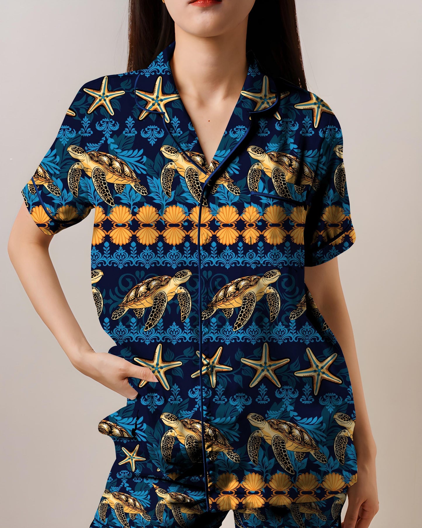 Ocean Theme Satin Pajamas, Marine Life AOP Short Sleeve Set, Sea Life Sleepwear for Women