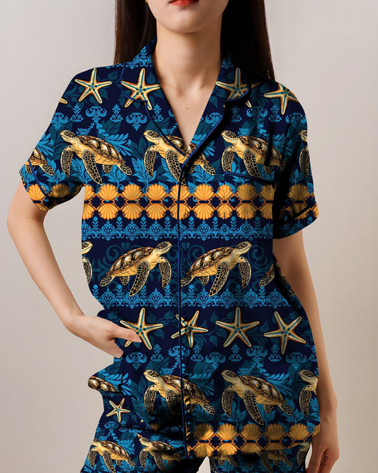 Ocean Theme Satin Pajamas, Marine Life AOP Short Sleeve Set, Sea Life Sleepwear for Women