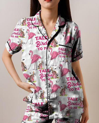 Talk Birdie To Me Flamingo Pajama Set, AOP Satin Short Sleeve Sleepwear for Women, Funny Bird Lover Loungewear Gift