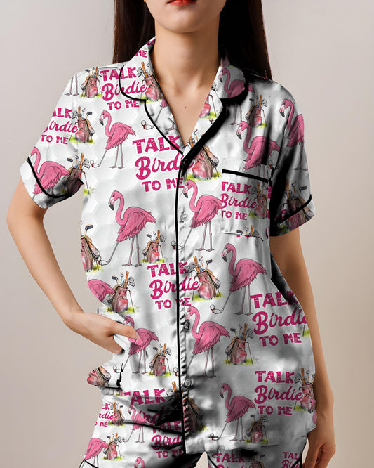Talk Birdie To Me Flamingo Pajama Set, AOP Satin Short Sleeve Sleepwear for Women, Funny Bird Lover Loungewear Gift