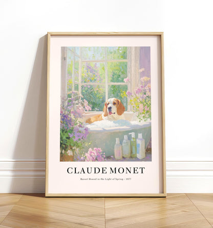 Basset Hound in Bathtub Poster: Monet Style Bathroom Print