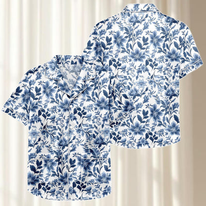 Navy Floral Satin Pajama Set, Elegant Botanical Summer Loungewear, Soft Nightwear Set, Vintage Matching Pjs, Holiday Pjs, Gift For Her