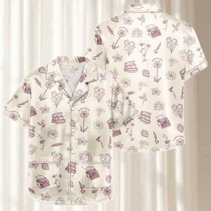 Bookish Satin Pajama Set, Floral Short Sleeve Sleepwear, Cozy Summer Pjs, Women Matching Pajamas Set, Funny Gift For Reader