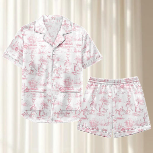 Toile Ballet Satin Pajamas Short Set, Elegant Sleeve Sleepwear, Pastel Fairycore Nightwear, Vintage Women Loungewear, Gift For Her