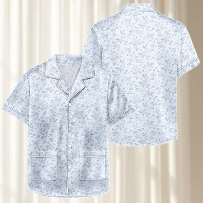 Blue Floral Satin Pajamas Short Set, Small Flower Nightwear, Soft Summer Loungewear, Matching Pajamas Set, Birthday Gift For Her