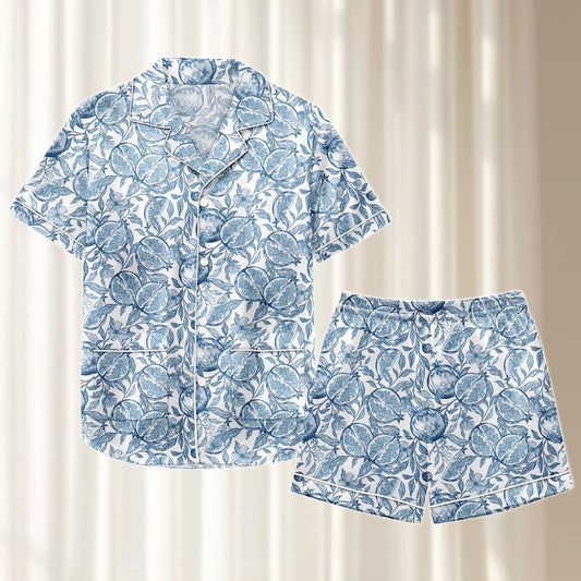 Blue Citrus Satin Pajama Set, Mediterranean Fruit Women Sleepwear, Vintage Summer Loungewear, Soft Gift Matching Pjs Set, Gift For Her