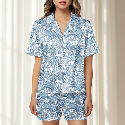 Blue Citrus Satin Pajama Set, Mediterranean Fruit Women Sleepwear, Vintage Summer Loungewear, Soft Gift Matching Pjs Set, Gift For Her