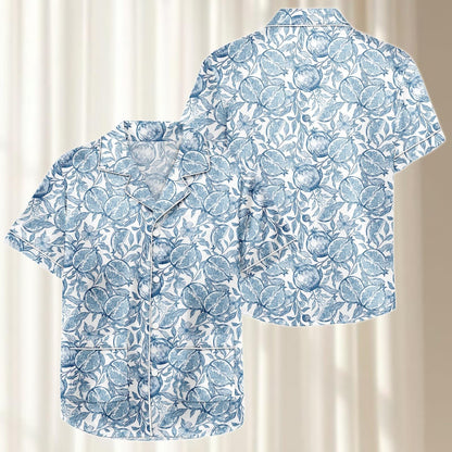 Blue Citrus Satin Pajama Set, Mediterranean Fruit Women Sleepwear, Vintage Summer Loungewear, Soft Gift Matching Pjs Set, Gift For Her