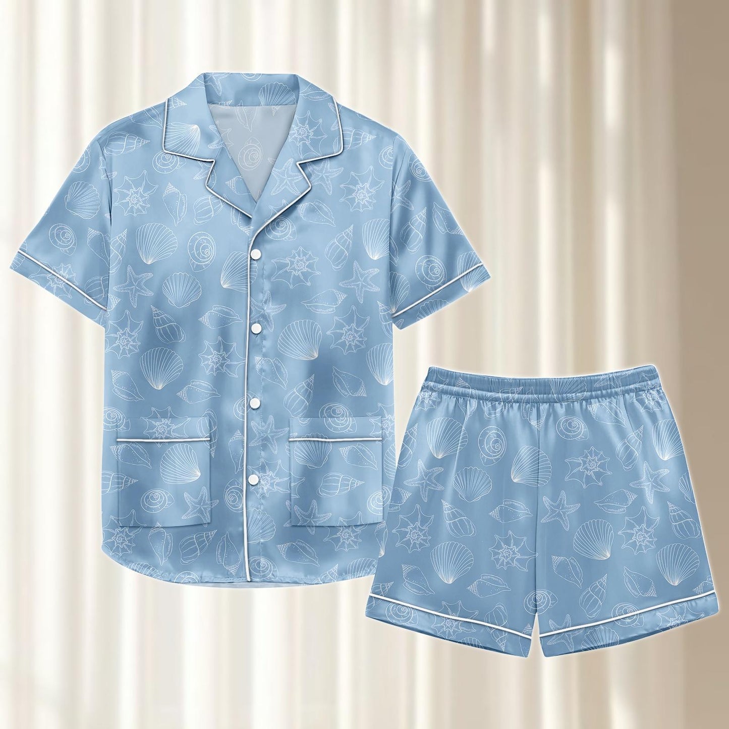 Seashell Satin Pajamas Short Set, Light Blue Ocean Women Sleepwear, Summer Loungewear, Coastal Beachy Pj Set, Funny Gift For Her