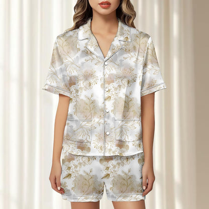 Gold Floral Satin Pajama Set, Elegant Gray Botanical Sleepwear, Women Loungewear, Vintage Matching Pjs, Birthday Gift For Her