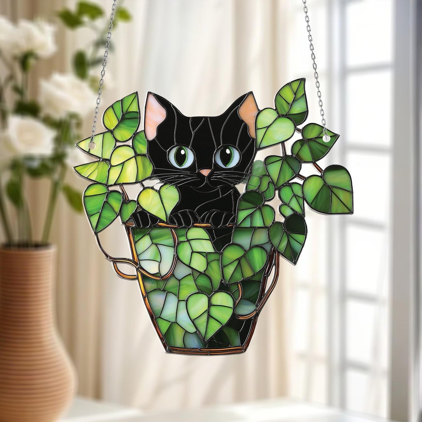 Black Cat in Leafy Plant Pot Window Hanging, Cute Kitty Decor for Plant Lover, Whimsical Gift for Cat Mom, Green Jungle Vibe Window Accent