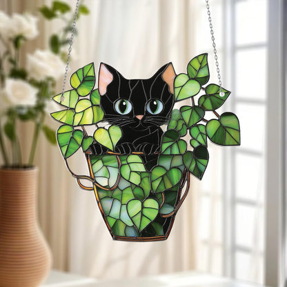 Black Cat in Leafy Plant Pot Window Hanging, Cute Kitty Decor for Plant Lover, Whimsical Gift for Cat Mom, Green Jungle Vibe Window Accent