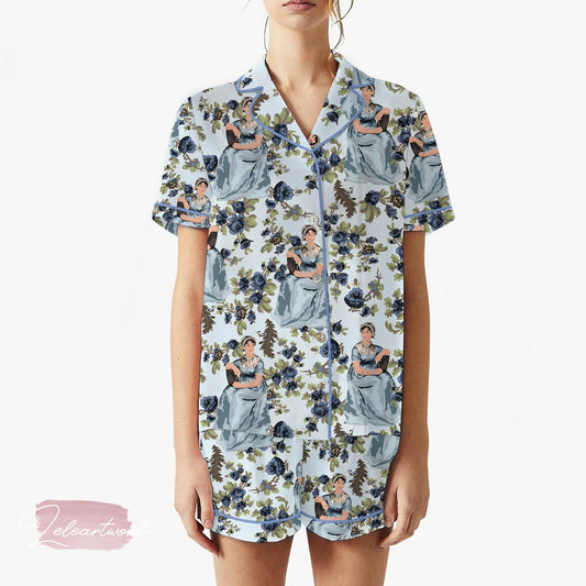 Jane Austen Floral Set | Silky Satin Pajama Set for Women | Regencycore Bookish Sleepwear | Cottagecore Author Lounge Gift